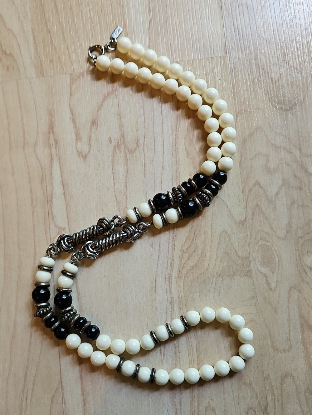 1928 Long Necklace Black White Ivory Beads Beaded Silver Tone Signed Hang Tag